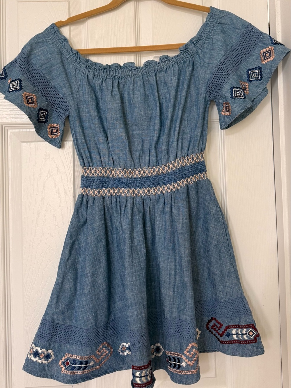 Red Carter Blue Chambray Off-Shoulder Dress with Embroidered Trim